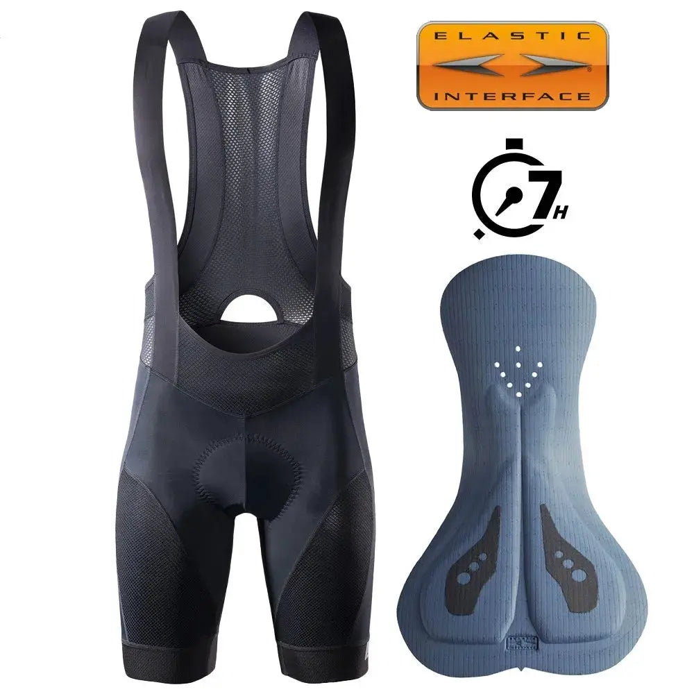 RION men's cycling bib shorts with Elastic Interface cushion; black mesh-back shorts and blue pad, 2-piece set