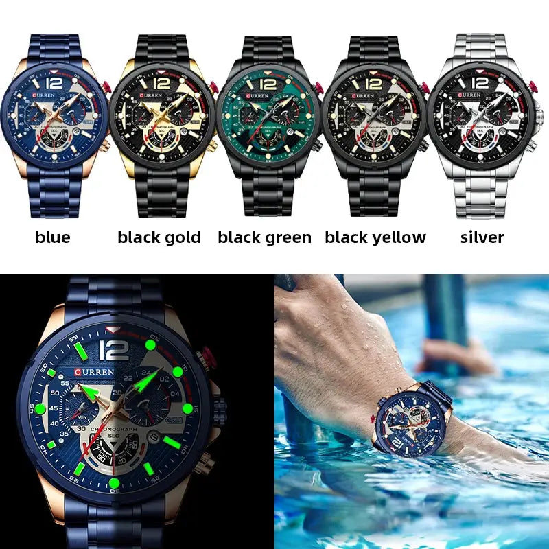 CURREN men's chronograph stainless steel wristwatches in blue, black gold, black green, black yellow, silver (set of 5)