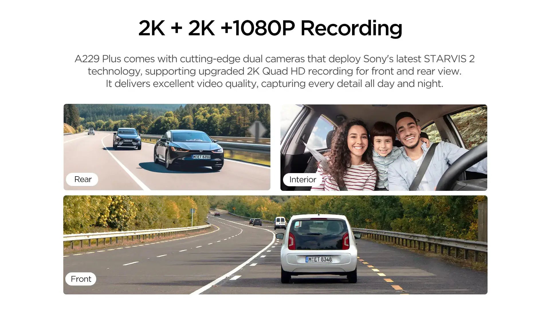 VIOFO A229 Plus car dash camera by Simples Market; front and rear 2K HDR recording with night vision (3 views: front, interior, rear)