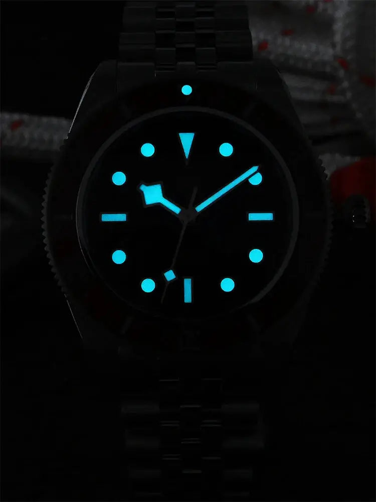 San Martin 40mm BB Diver watch with luminous blue markers and hands, stainless steel bracelet