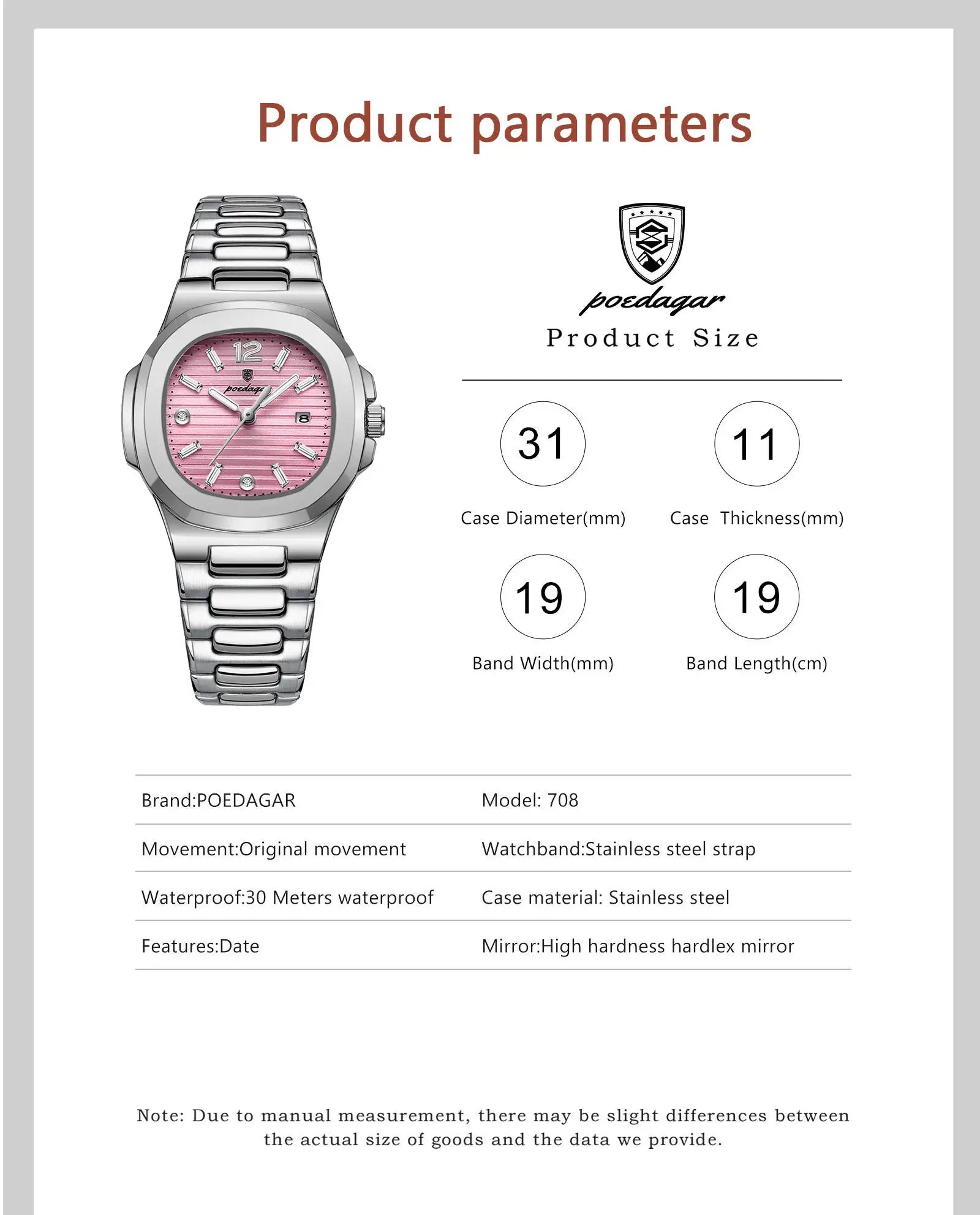 POEDAGAR women's square wristwatch with pink dial and stainless steel bracelet