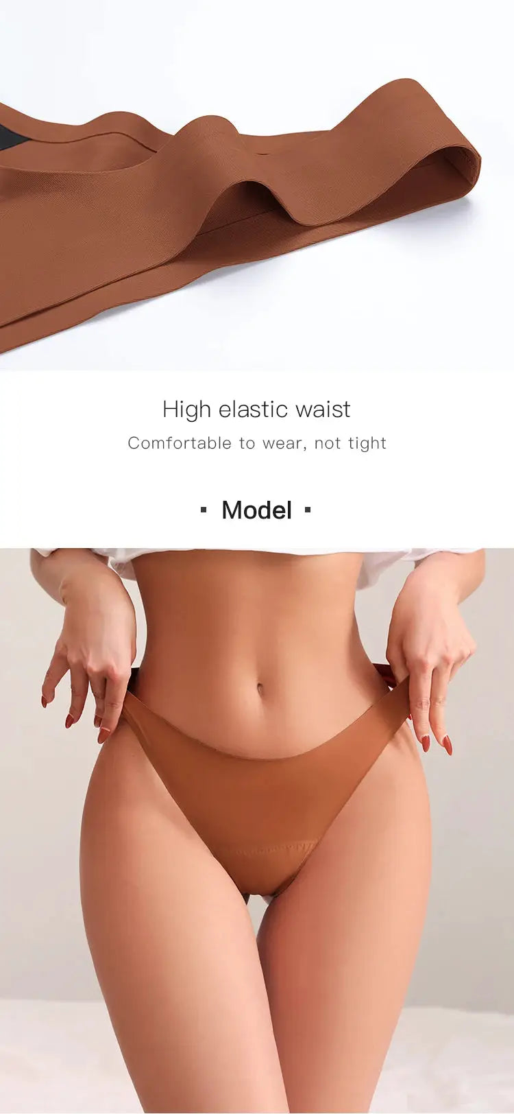 Seamless low-waist menstrual panties thong, brown, 4-layer leak-proof design worn by model