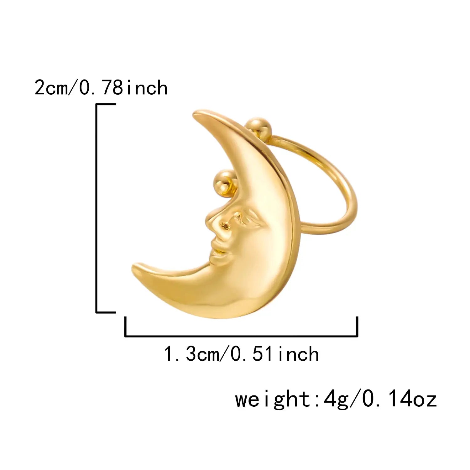Gold-tone crescent moon ear cuff with face detail, boho style earring