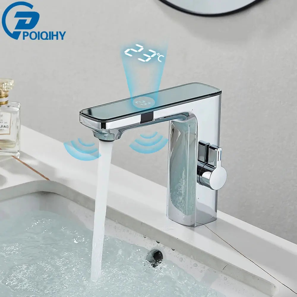 White smart sensor vanity faucet with digital display and chrome finish; POIOHY logo visible