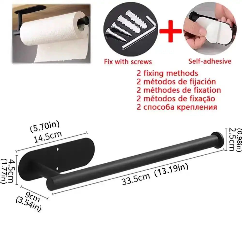 Kitchen paper towel holder by Simples Market, wall-mounted with adhesive or screws, black finish, 33.5 cm