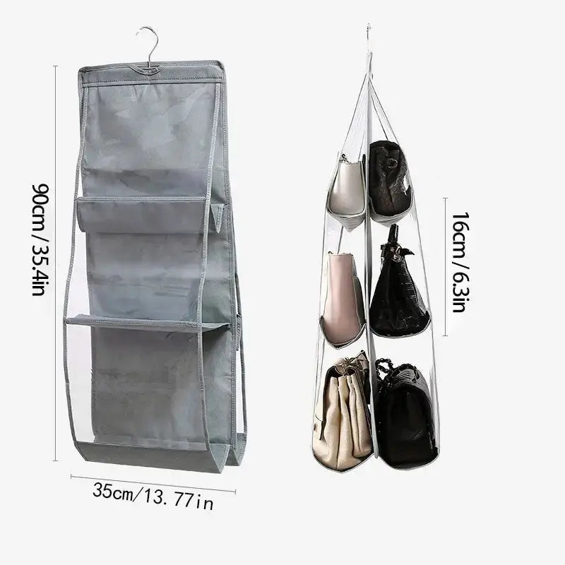 6 Pocket Hanging Handbag Organizer Gray Waterproof Storage Bag For Wardrobe Closet With Door Or Wall Mount