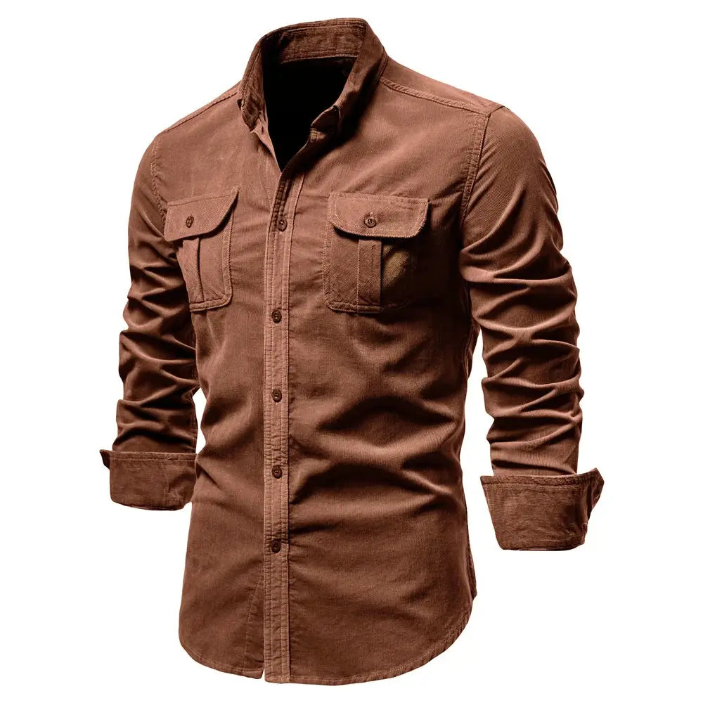 Men's brown corduroy shirt, 100% cotton, single-breasted with two chest pockets.