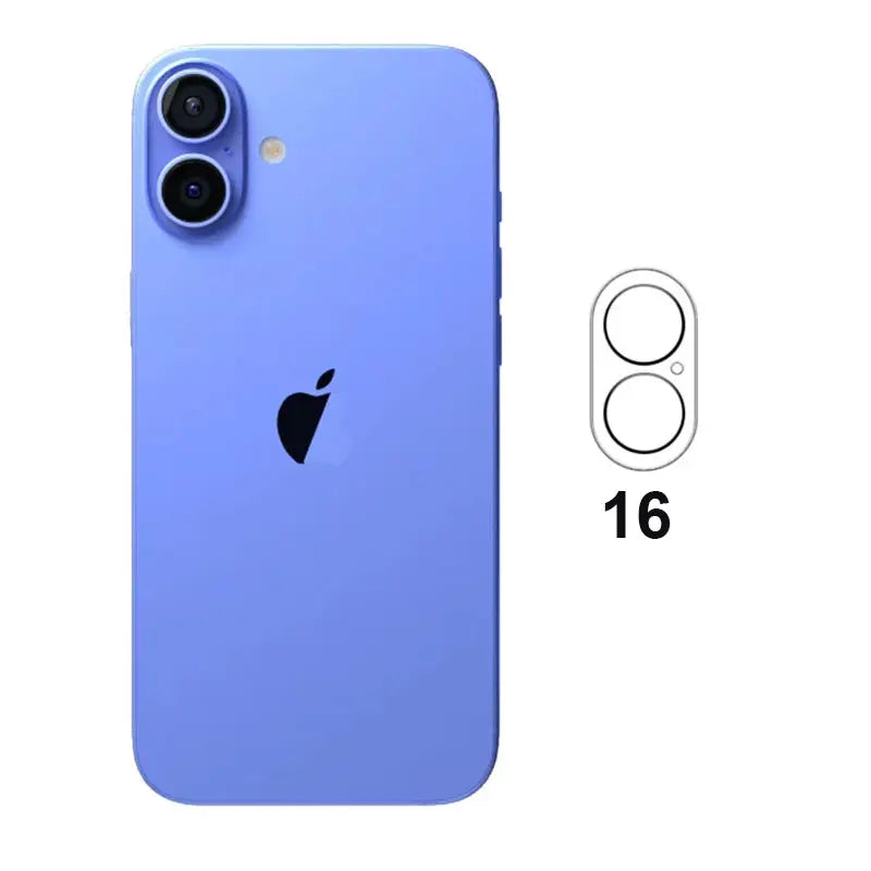 4-pack camera lens protectors for iPhone; blue iPhone with dual-camera setup shown