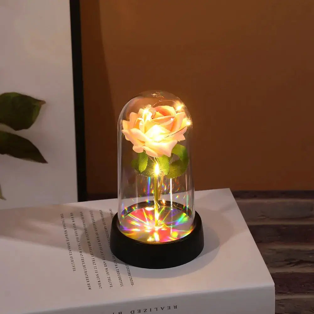 Led Red Rose Artificial Flower With Glass Cover And Stand Light Up Galaxy Rose For Valentines Day Wedding Gift