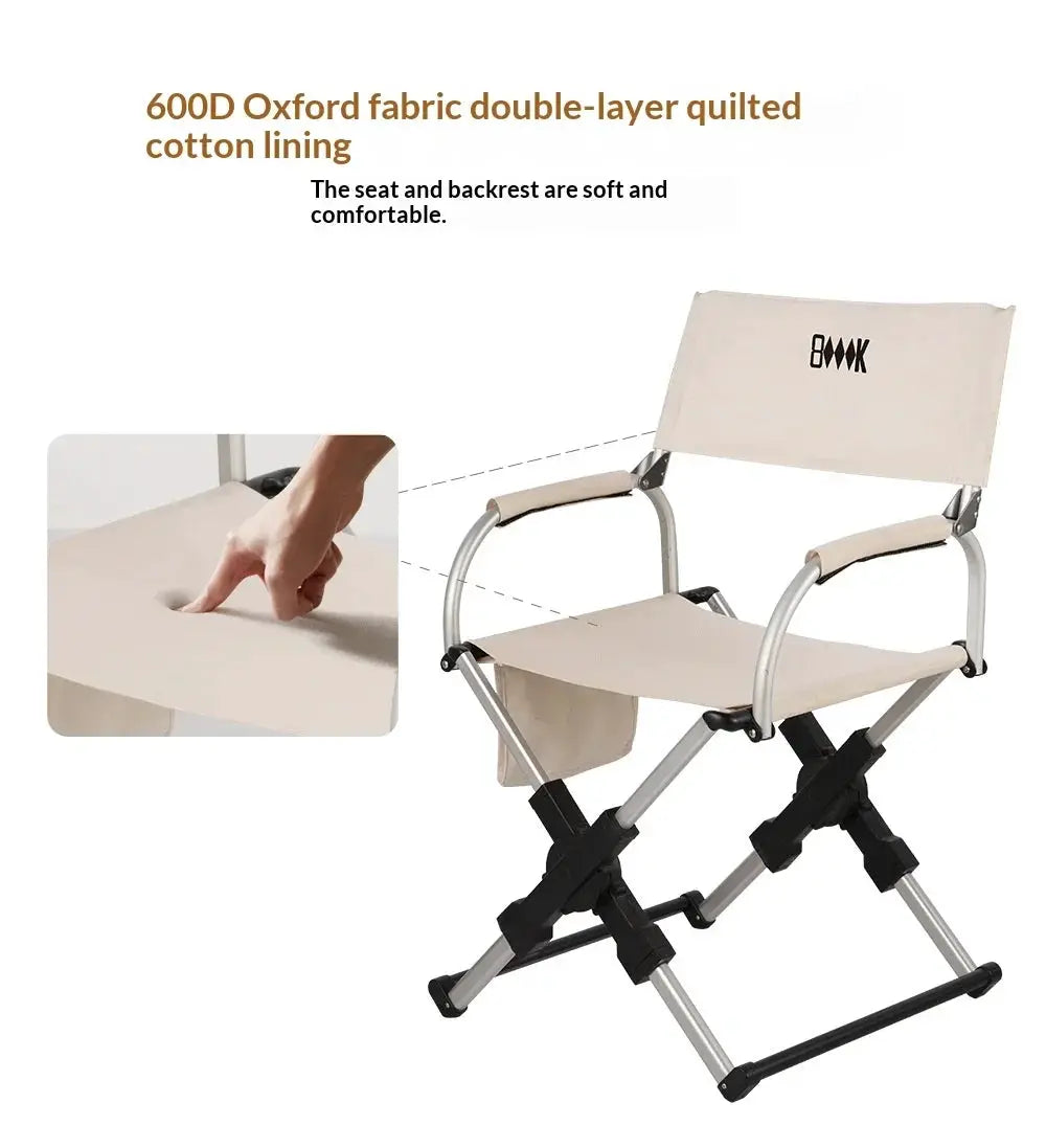 Simples Market outdoor foldable director chair with aluminum alloy frame and beige fabric seat and back.