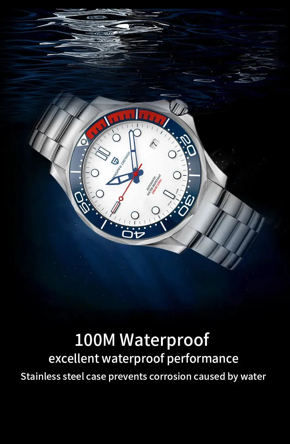 Pagani Design 007 men's stainless steel watch with white dial, blue bezel, and 100m waterproof