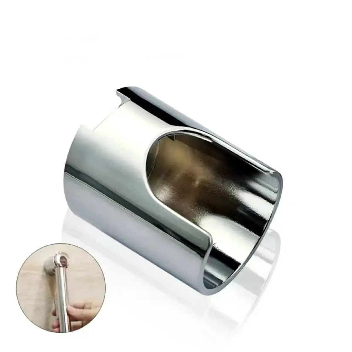 Handheld stainless steel bidet sprayer head with adjustable spray and self-cleaning feature.