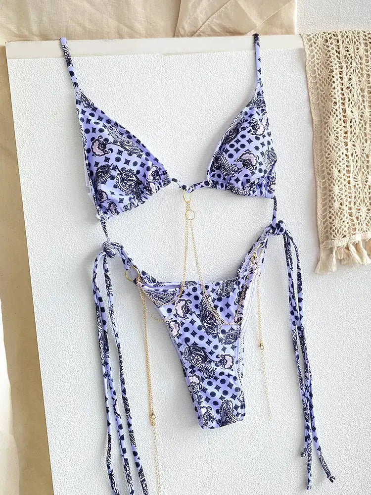 Bikini set Simples Market lavender paisley triangle top with tie-side bottoms and gold chain accents