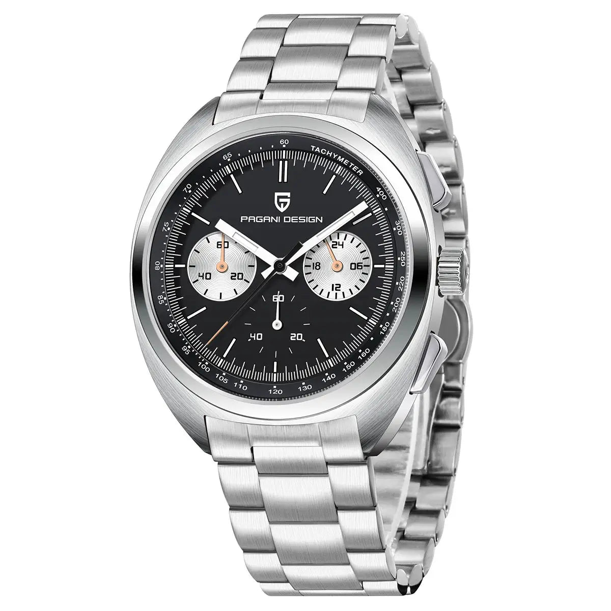 PAGANI DESIGN VK63 men's chronograph watch with stainless steel bracelet, black dial, and silver subdials.