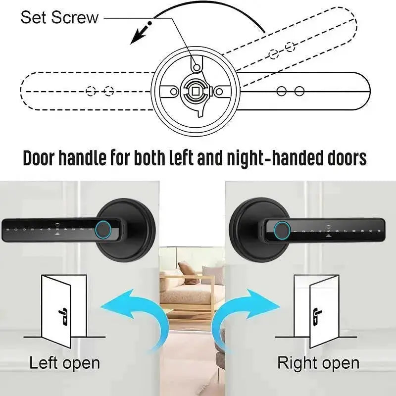 Tuya smart door lock handle with fingerprint keypad, black finish; dual handles for left and right doors (Simples Market)