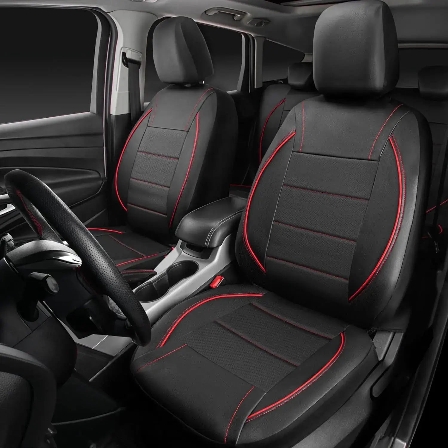 Universal leather car seat covers black with red stitching on the front seats