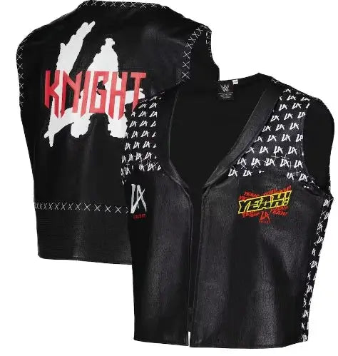 Steve Austin 3:16 Skull Knight vest, black faux leather with white stitch trim and KNIGHT back graphic.