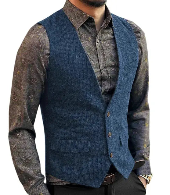 Deep V-Neck blue herringbone suit vest for men, slim fit, formal wedding attire