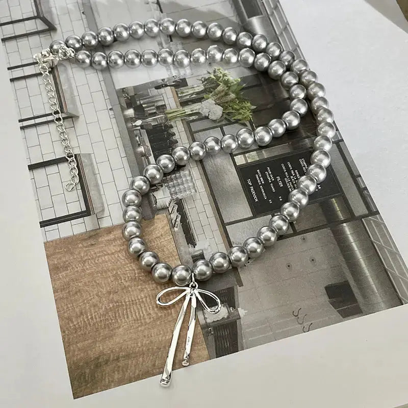 Fashionable Pearl Bowknot Choker Necklace With Gray Pearls For Women Jewelry Accessories