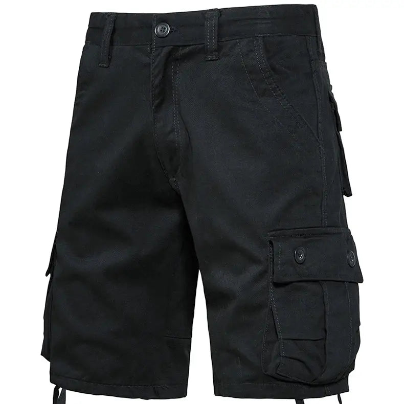 Simples Market men's cargo shorts in black cotton with side cargo pockets and belt loops for casual outdoor wear