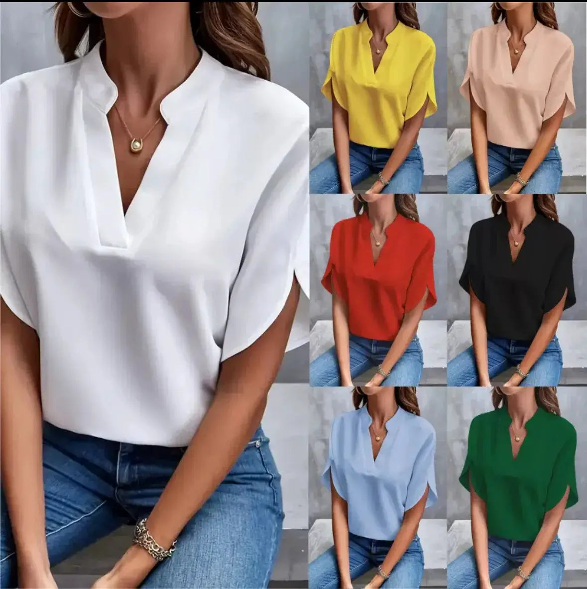 VEITCHE women's solid V-neck blouse; collage shows color options (yellow, red, black, blue, green) by Simples Market