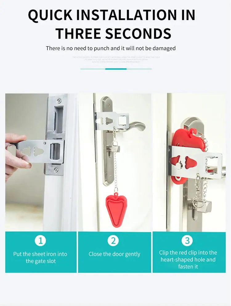 Simples Market portable door lock latch; silver metal no-drill travel security device with a red heart-shaped insert/key