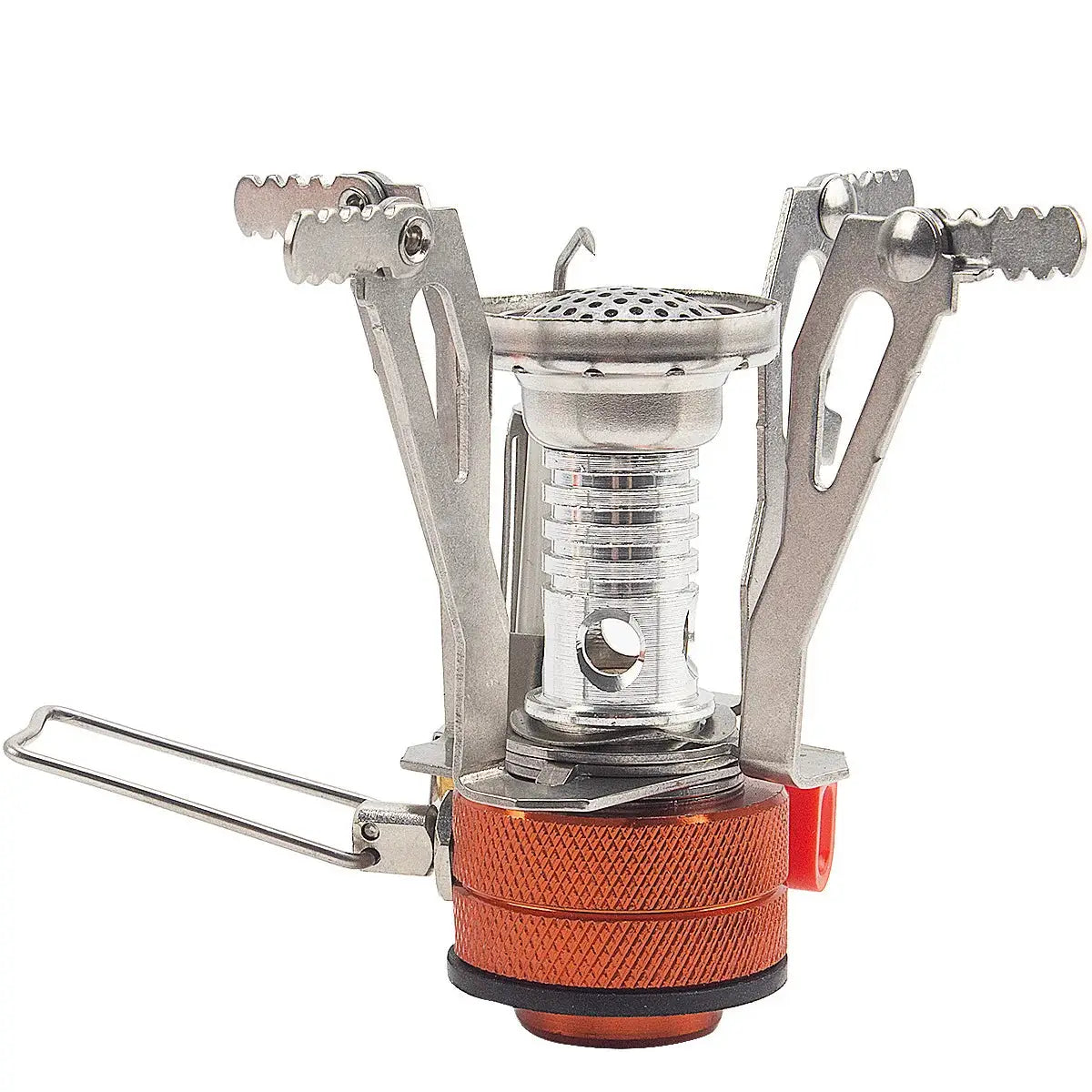 Simples Market portable aluminum camping gas stove with orange knurled base and fold-out pot supports
