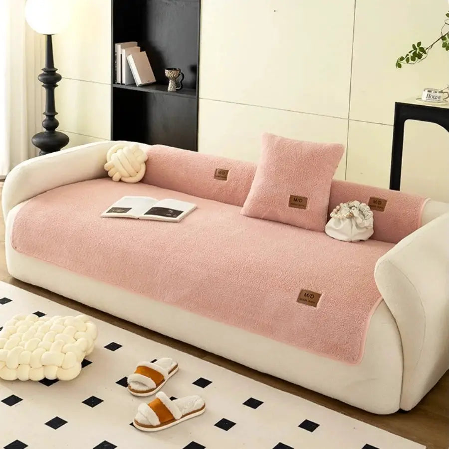 Solid pink sherpa anti-slip sofa cover with PU label decor for living room sofas