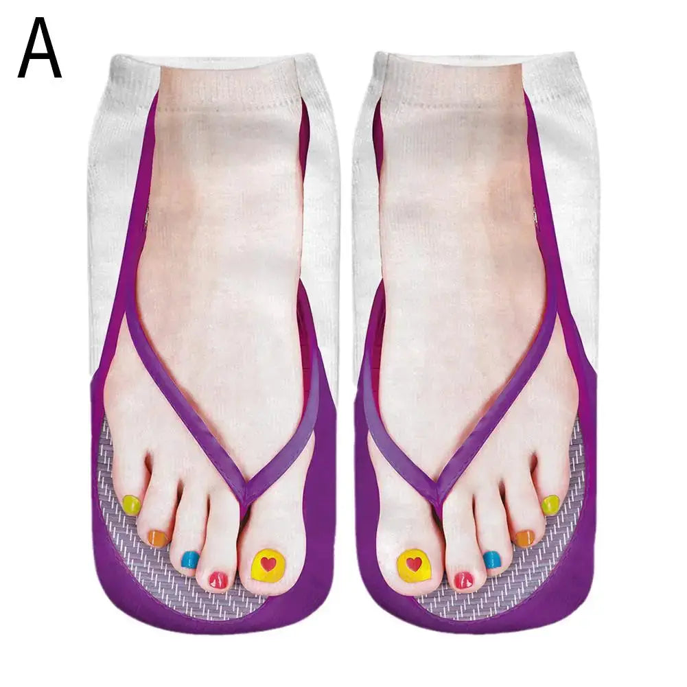 Women 3D Printed Pattern Flip Flop Socks Low Cut Ankle Socks Novelty Hosiery Gift Pair
