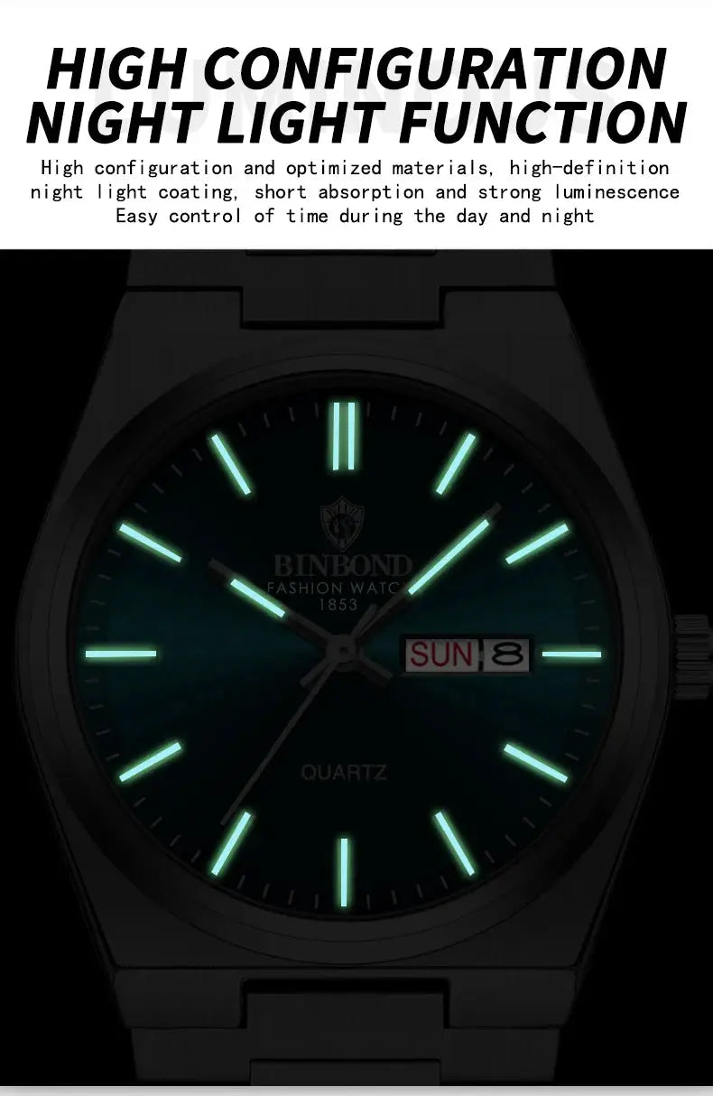 Men's BINBOND stainless steel quartz watch with luminous green markers and hands, day/date window