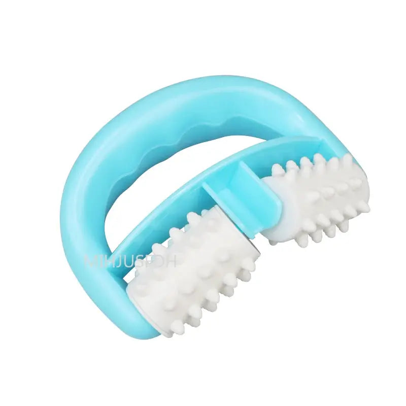 Cellulite roller massager by Simples Market, handheld blue handle with white textured dual roller heads.