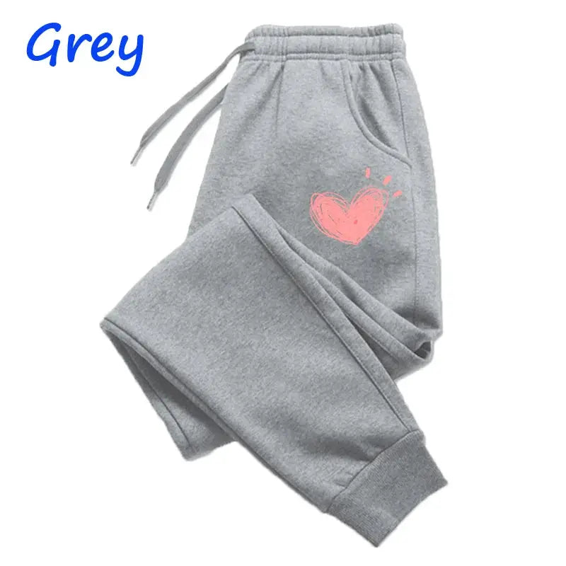 CozyWear Women Heart Print Fleece Lined Sweatpants Slim Fit Joggers For Autumn Winter