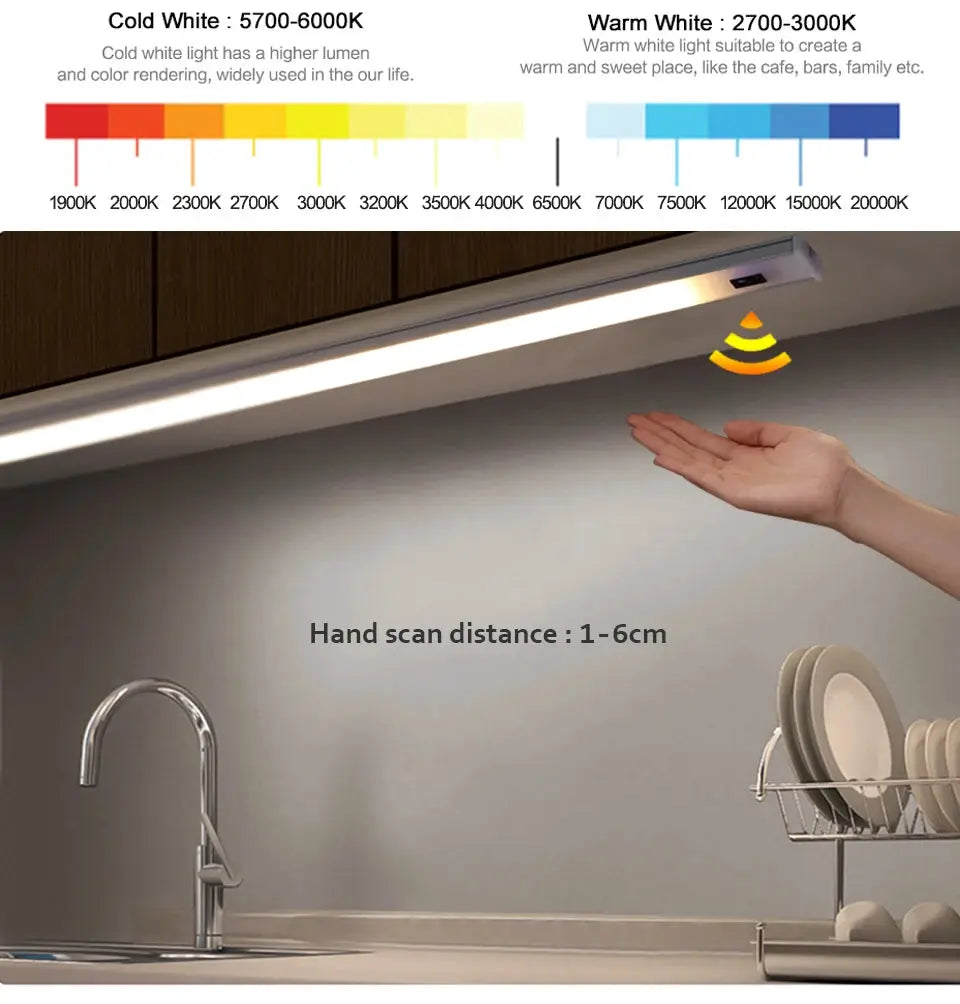 LED under-cabinet kitchen light with PIR motion sensor and hand-sweep switch, 30/40/50 cm