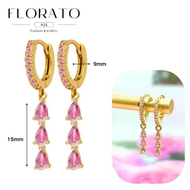 Florato 925 gold-tone hoop earrings with pink zircon teardrop drops, 9mm hoops, 15mm length