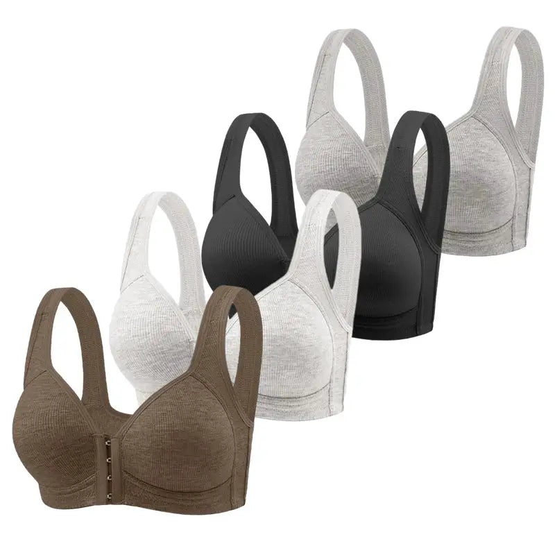 Fallsweet seamless front-closure bra set by Simples Market; six-piece wire-free bralettes in neutral colors