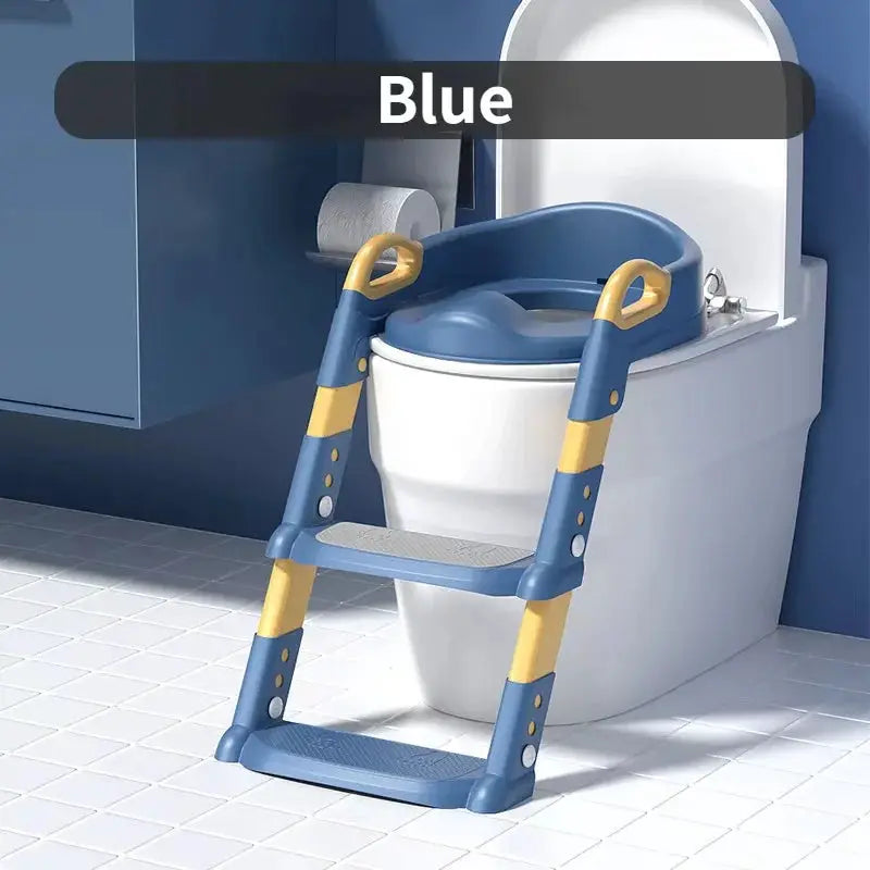 Kids' toilet training step stool, blue and yellow foldable with non-slip steps and side handles for easy support.