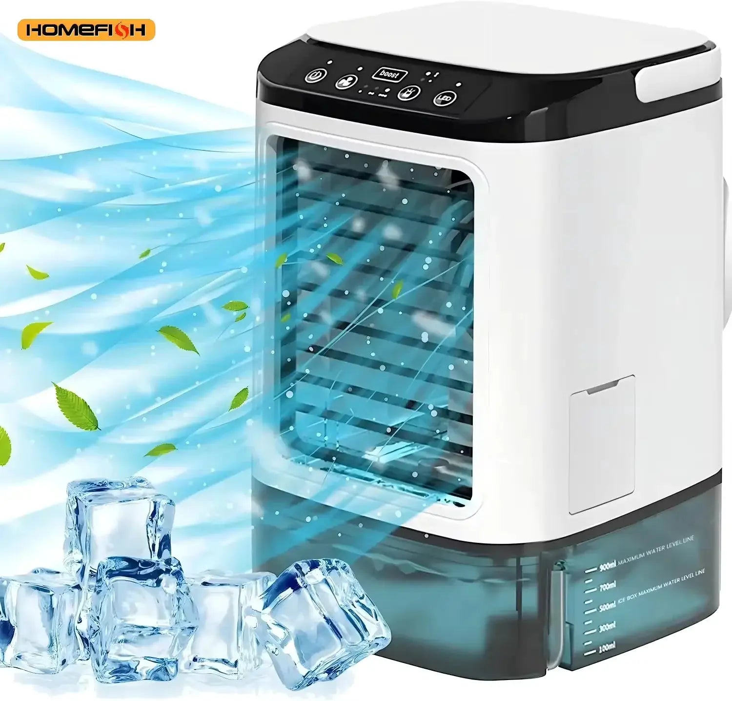 HOMEFISH white desktop humidifier with black top control panel; USB powered misting from the front.