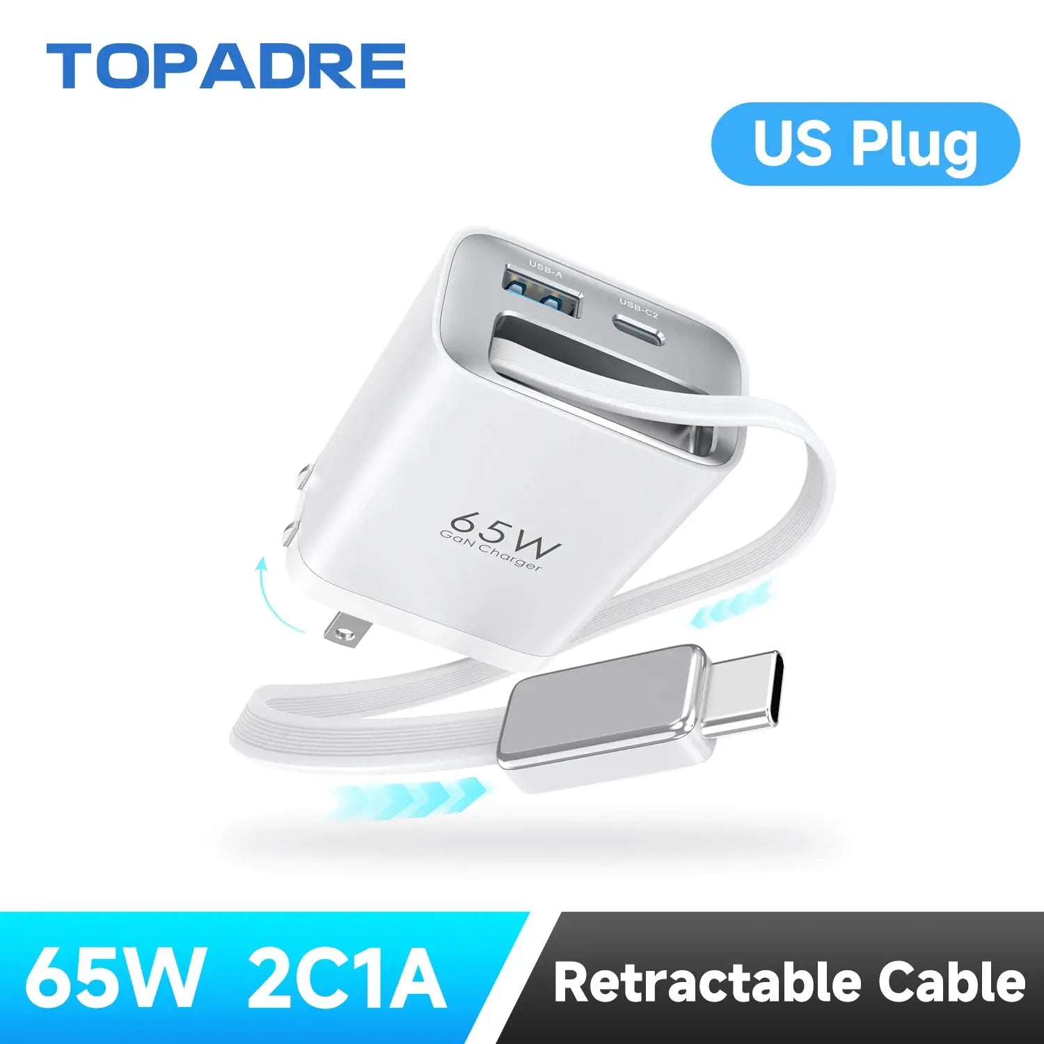 Simples Market 65W GaN PD3.1 travel charger with retractable cable; 3-port USB-C/USB-A, white US plug.
