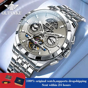 OUPINKE 3251 men's skeleton automatic watch with stainless steel bracelet, silver dial, waterproof