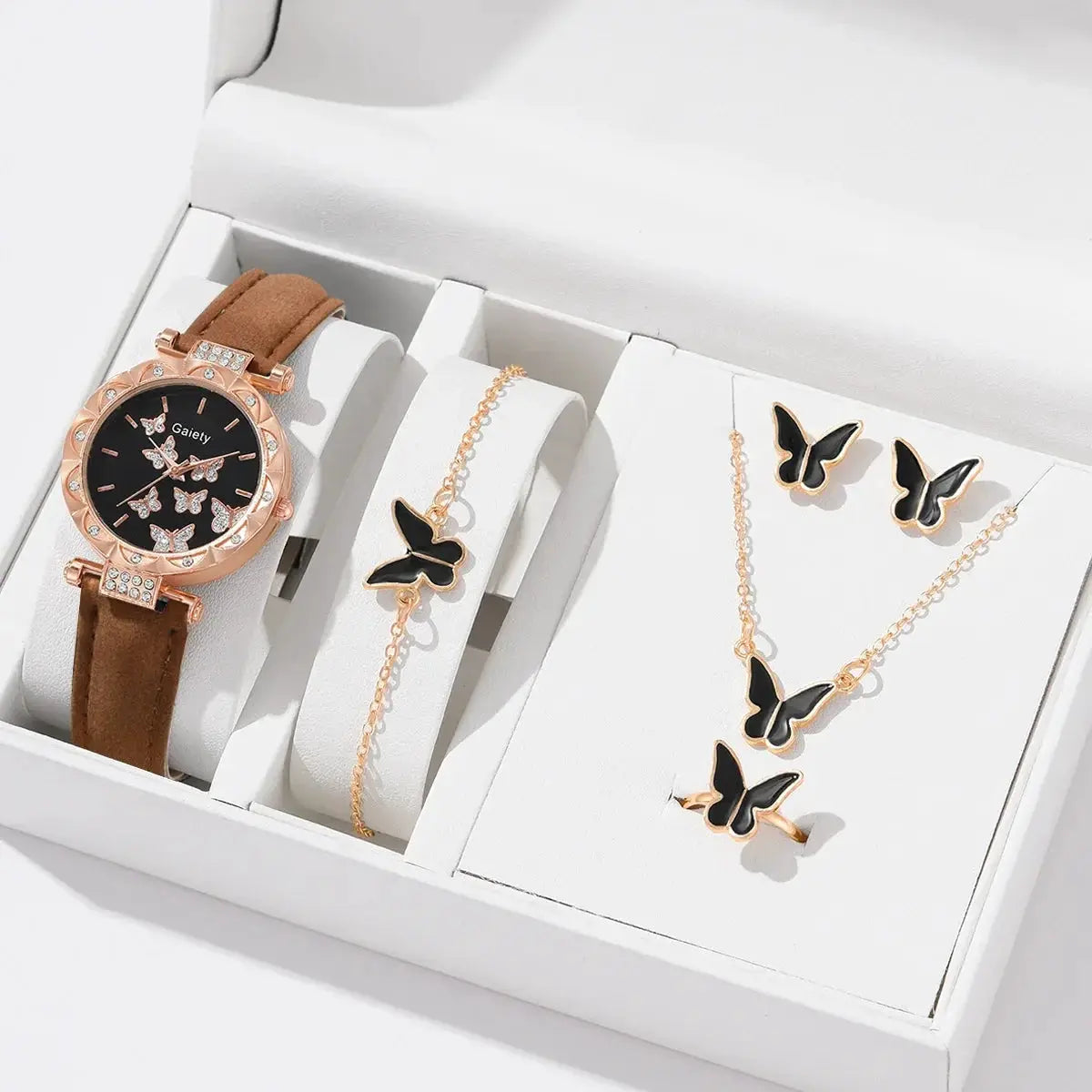 Butterfly Lane Watch Set Leather Strap Quartz Wristwatch With Matching Ring Necklace Earrings Bracelet