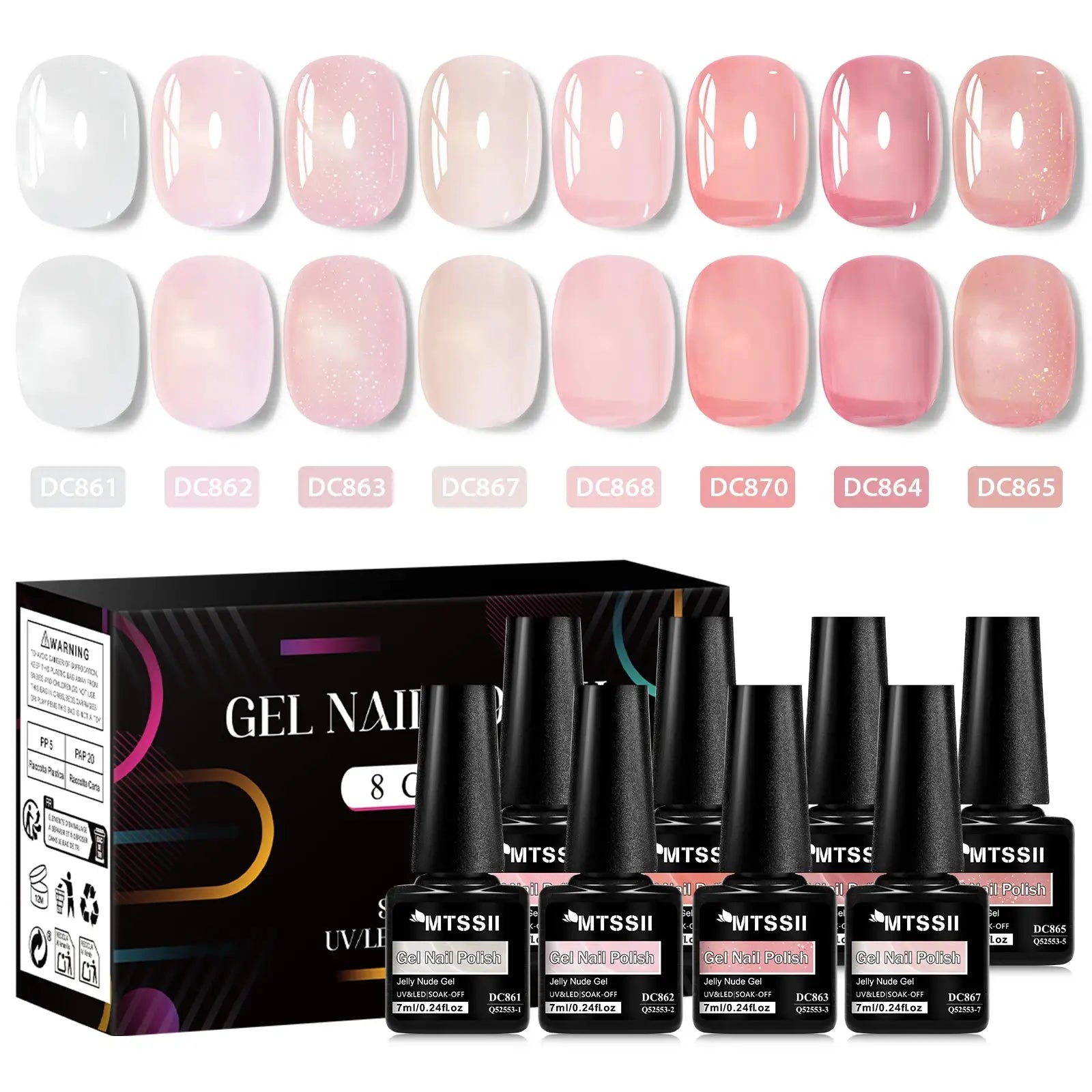 Gel nail polish set, 8 nude jelly shades in translucent pinks, MTSSII bottles with box