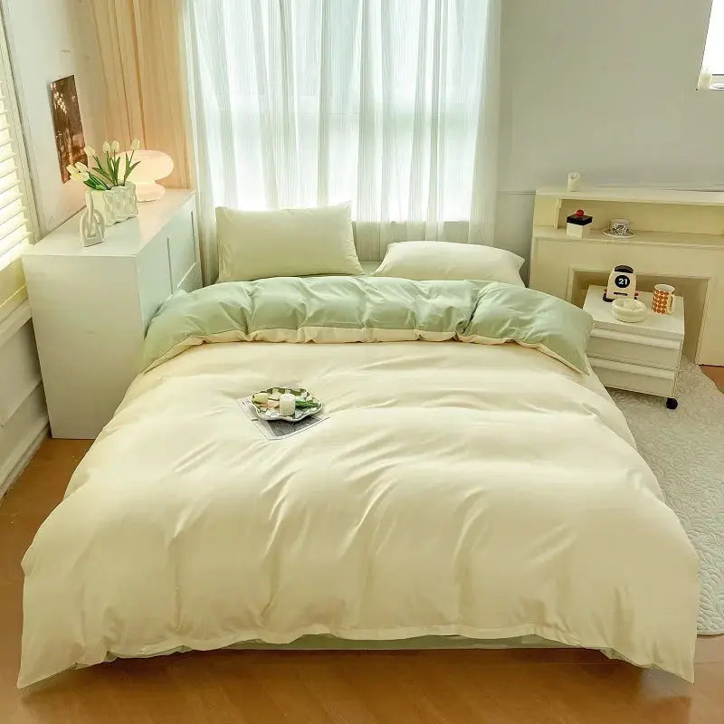 4-piece solid-color brushed fabric bed set for queen size; cream duvet with mint top layer and pillowcases