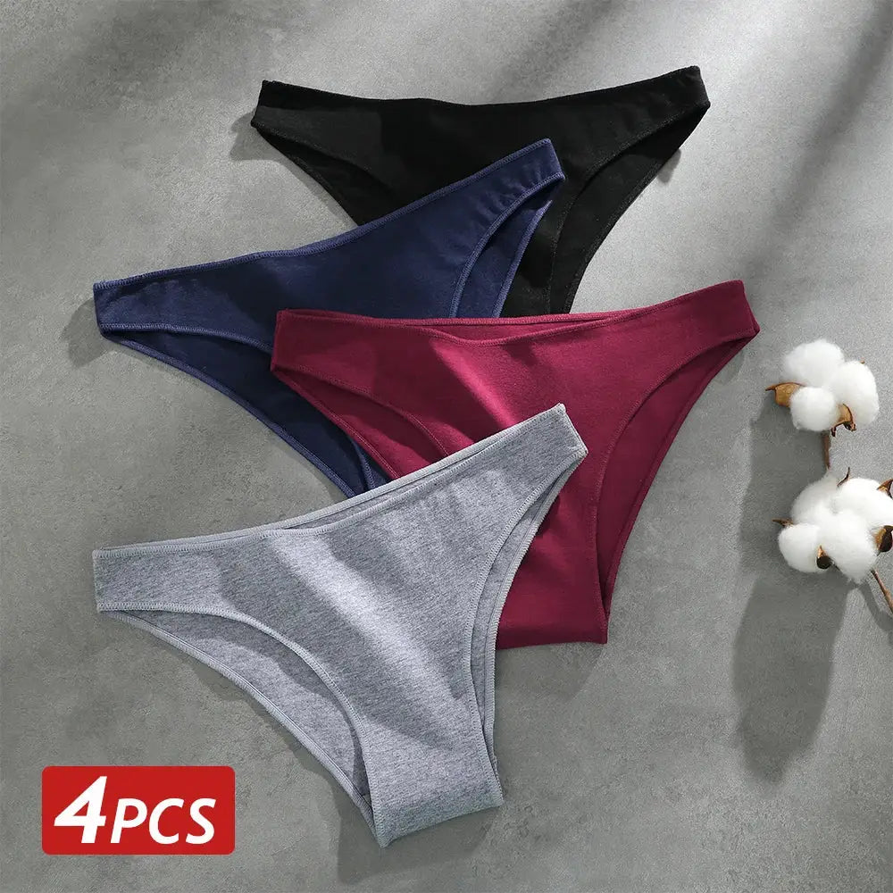 Seamless cotton women's low-rise panties set; Simples Market 4PCS in black, blue, burgundy, gray