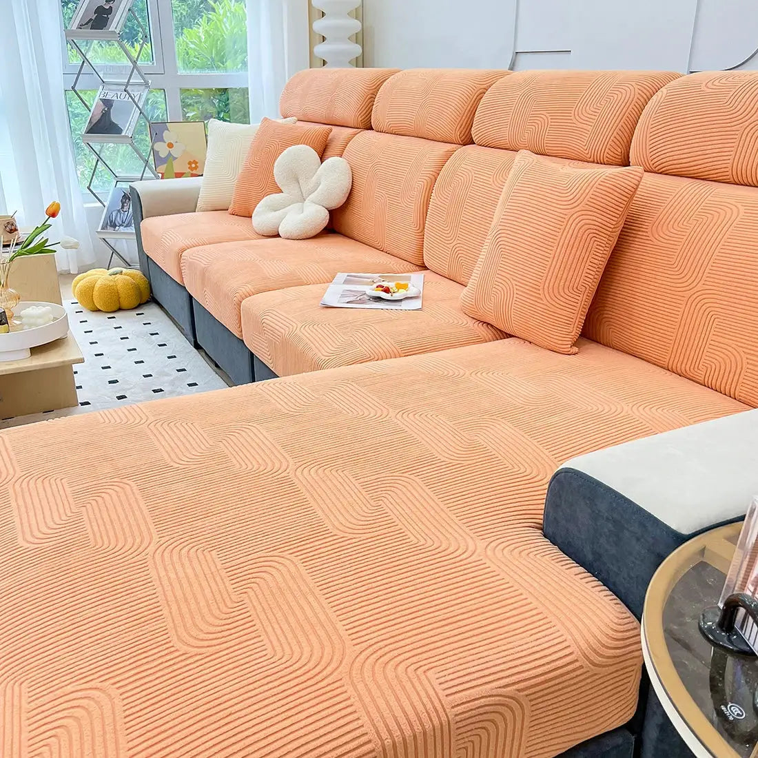 Sofa seat cushion cover by Simples Market in peach jacquard stretch fabric; removable and washable for living room
