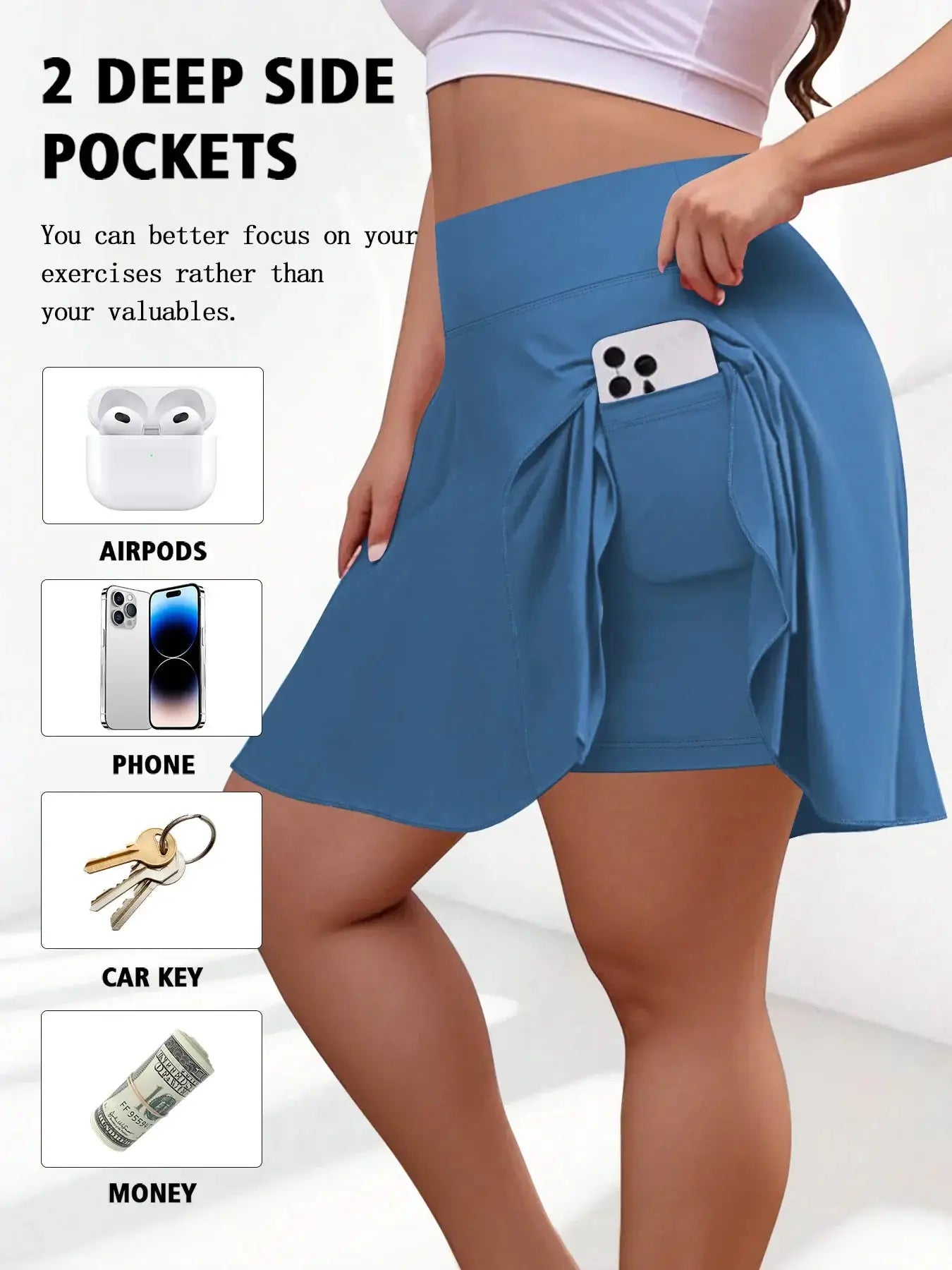 Plus size women's blue high-waist fitness short skirt with 2 deep side pockets