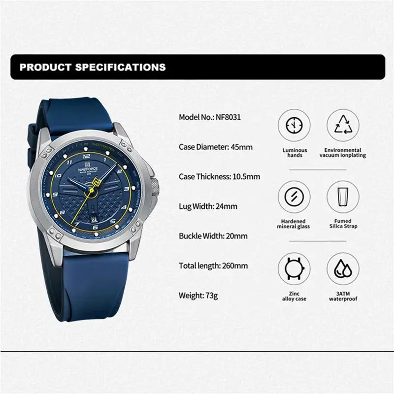 NAVIFORCE men's wristwatch with blue silicone strap, silver case, luminous dial, 3ATM waterproof.