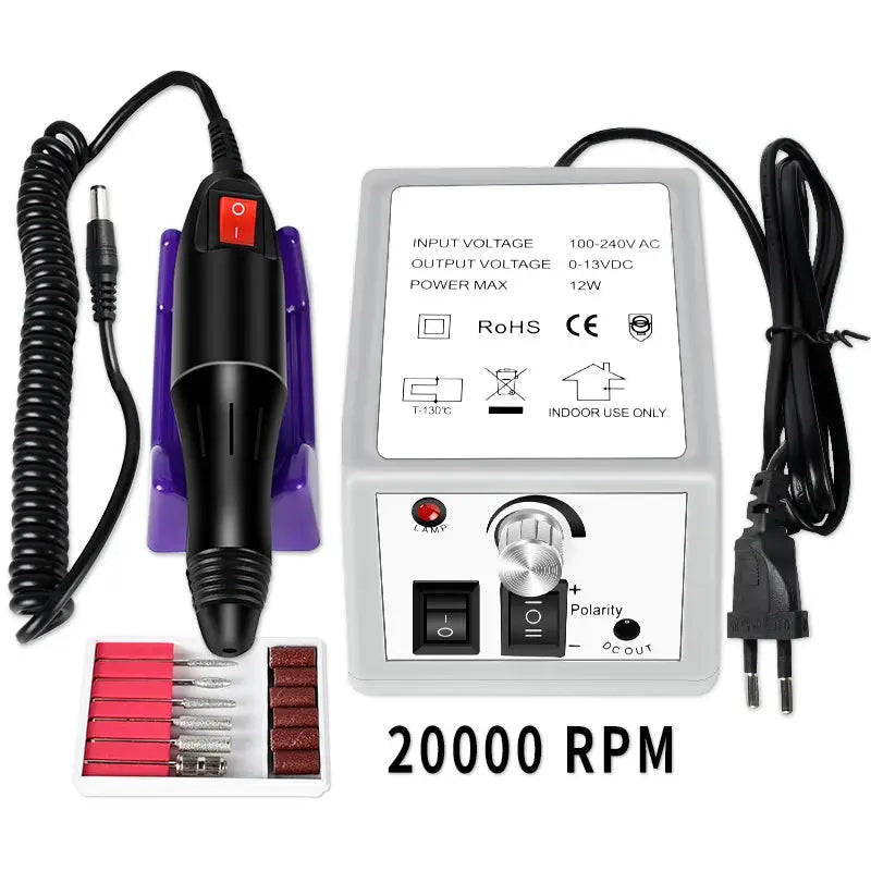 Nail Gel Kit with LED Nail Light Dryer by Simples Market, black drill with purple stand and bit set.