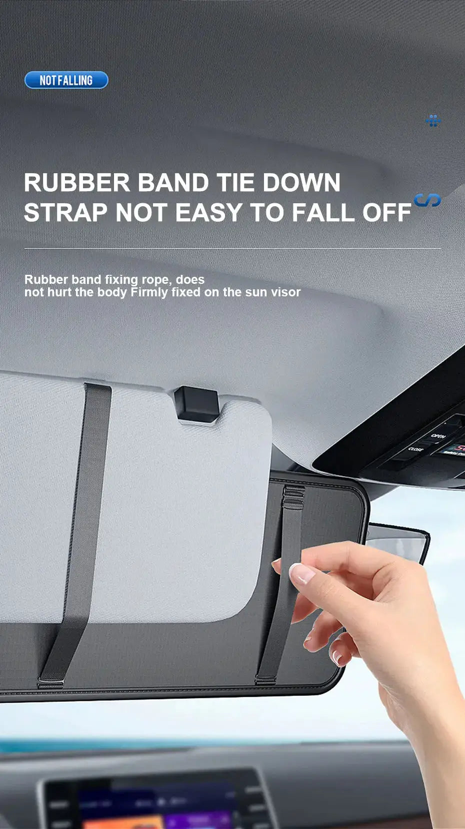 BLALION black leather car sun visor organizer with multiple pockets and strap being attached