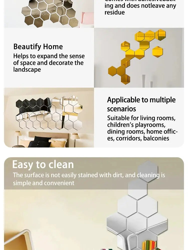 Hexagonal acrylic mirror wall stickers by Simples Market, 12pcs, crystal-like stereoscopic wall decor.