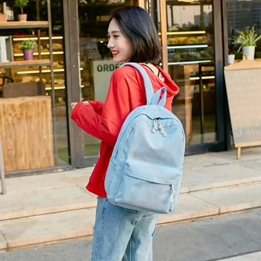 Personalized corduroy student backpack in light blue, unisex campus-style bag
